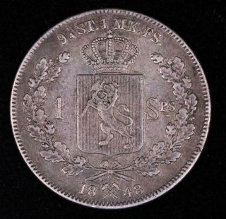 1848 Norway Specie Daler 9 1/4 Silver Foreign Coin Very Fine,  F1090