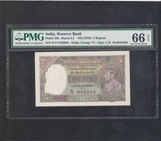 India British 1943 Reserve Bank 5 Rupees (pick 18b) Gem Uncirculated Pmg 66 Epq.