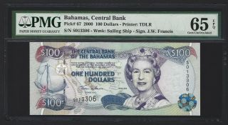 Bahamas $100 Dollars 2000,  Central Bank P - 67,  Pmg 65 Epq Gem Unc,  Scarce Type