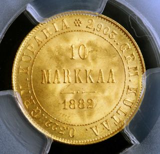 1882,  Finland,  Emperor Alexander Ii.  Gold 10 Markkaa Coin.  Top Pop Pcgs Ms - 66