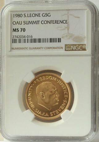 1980 Sierra Leone Gold 5 Golde Summit Conference Ms70 Ngc - Perfect Grade