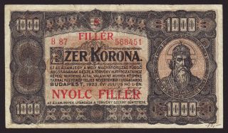 Hungary - 8 Fillér On 1000 Korona,  1925 - P 81b - Vf - Avf