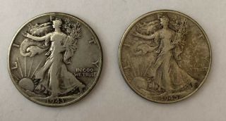 2 Walking Liberty 1943 & 1945 - 90 Silver Us Half Dollar