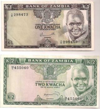 Zambia 19a,  20a - 1 & 2 Kwacha N.  D.  (1975)