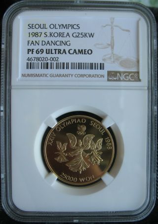 1987 Korea - South Gold 25000 Won Ngc Pf - 69 Ult.  Cameo Seoul Olympics - Fan Dancing