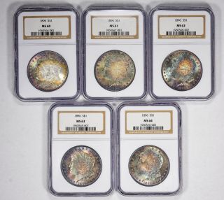 Group Of Five (5) 1885 Ngc Morgans From Ms 60 To 64 Tones