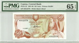 Cyprus 50 Cents 1987 65epq - The Rarest Date - Unc Banknote Pick 52