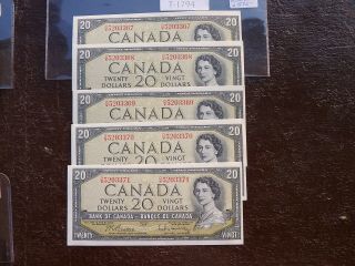 Canada 5x Banknote 1954 20 Dollar Sequance Number Gem Unc Value 575.  00 T1794