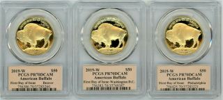 2019 - W Proof Gold Buffalo 3 - coin Location Set PR70 FDOI PCGS T Cleveland (D,  P,  W) 2