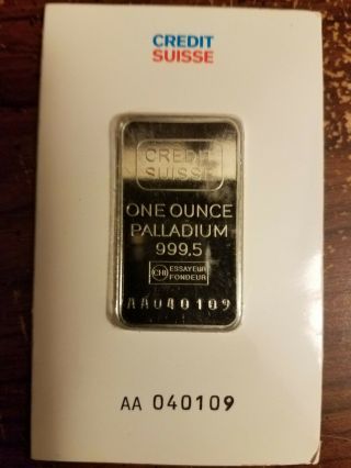 1 Oz Palladium Bar - Credit Suisse 999.  5 Pure In Assay Card.  Lowered Price