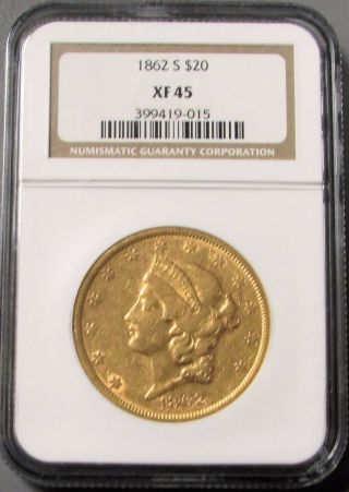1862 S Gold Usa $20 Liberty Head Double Eagle Coin Ngc Extra Fine 45