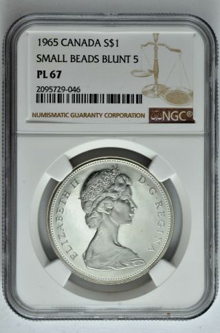 1965 S$1 Canada Silver Dollar Small Beads Blunt 5 Ngc Pl 67 Pop 1/0