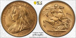 R188 Great Britain 1896 Gold Sovereign S - 3874 Pcgs Ms - 63