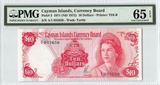 Cayman Islands 1971 (nd 1972) P - 3 Pmg Gem Unc 65 Epq 10 Dollars A/1 Prefix