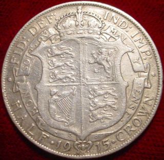 1915 Sterling Silver Large 1/2 Crown Gr.  Britain Detailed Coin