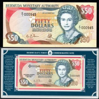 Bermuda 2 X 50 Dollars 1992 With Matching Number 000945.  Pick 40 & 44.  Unc.