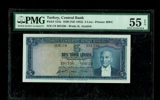 Turkey,  Central Bank | 5 Lira | 1930 | P 154a | Pmg - 55 Epq