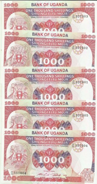 Uganda 5x 1000 Shillings 1986 P 26.  Unc.  7rw 25mai