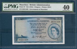Mauritius 5 Rupees,  1954,  P 27,  Pmg 40 Ef