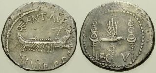 058.  Roman Silver Coin.  Marc Antony.  Ar Denarius.  Legion V.  Vf