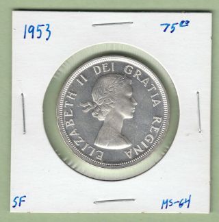 1953 Canadian Silver Dollar Coin - Shoulder Fold - Ms - 64