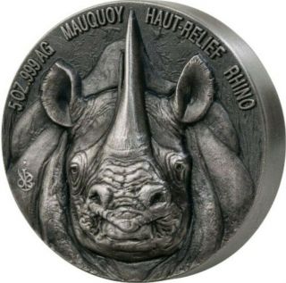 2019 5 Oz Silver 5000 Francs Rhino Big Five Mauquoy Coin,  Ivory Coast.