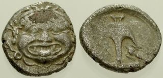 033.  Greek Silver Coin.  Thrace.  Ar Drachm.  Gorgon / Anchor.  Vf