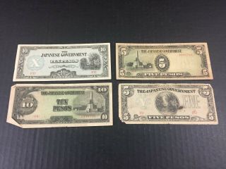 Wwii Japanese Japan Invasion Paper Money Notes 5 Five 10 Ten Pesos Variants Ww2