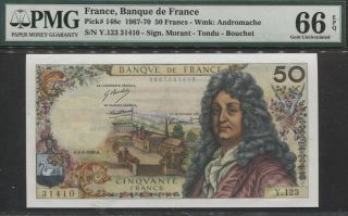 Tt Pk 148c 1967 - 70 France Banque De France 50 Francs " J.  Racine " Pmg 66 Epq Gem