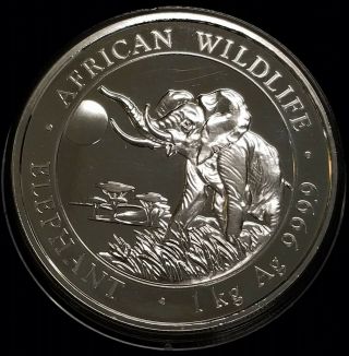2016 Somalia Elephant 1 Kilo African Wildlife.  9999 Silver Coin in Capsule BU 3