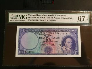 Top Pop Pmg 67 Epq Macau 10 Patacas 1963 50a Banco Nacional Uncirculated
