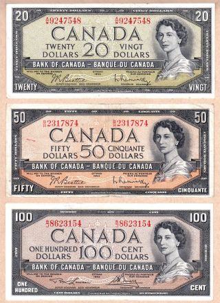 1954 Qe2 Portrait Bank Of Canada $20,  $50 And $100 Notes