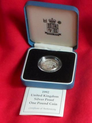 1992 Silver U K One Pound Proof Coin W/case & (ctl 719)