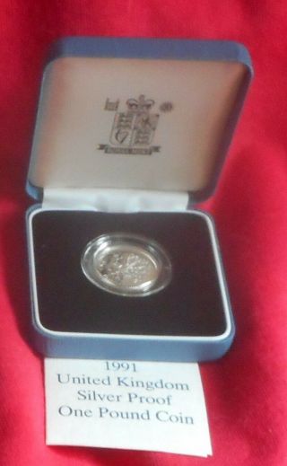 1991 Silver U K One Pound Proof Coin W/case & (ctl 719)