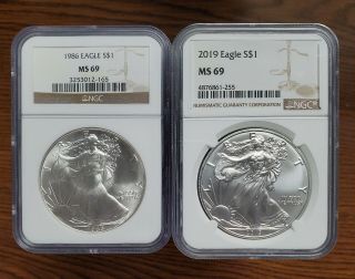 1986 - 2019 AMERICAN SILVER EAGLE DATE RUN GRADED NGC MS - 69,  34 COIN SET 2