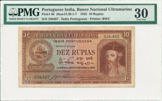 Banco Nacional Ultramarino Portuguese India 10 Rupias 1945 Pmg 30
