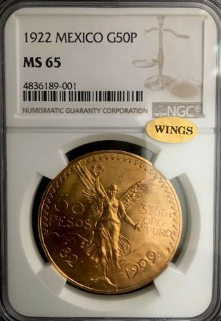1922 Mexico 50 Pesos Gold Coin Ngc Ms65 Gold Wings Top Pop 1 Of 7