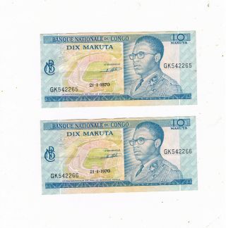 Congo 2x10 Makuta 21 - 1 - 1970 Mobutu Consec Numbers Vf