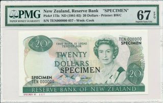 Reserve Bank Zealand $20 Nd (1981 - 92) Specimen Pmg 67epq