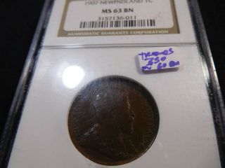 A5 Canada Newfoundland 1907 1/2 Cent Ngc Ms - 63 Bn Traces Of Red Scuffed Holder