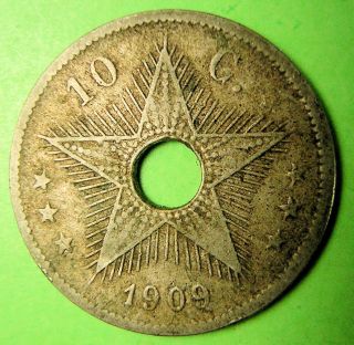 Belgian Congo 1909 10 Centimes.  Km 13,  One Year Type,  Crowned Lls.
