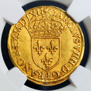 1562,  Royal France,  Charles Ix.  Gold Ecu Coin.  Paris Ngc Au - 58