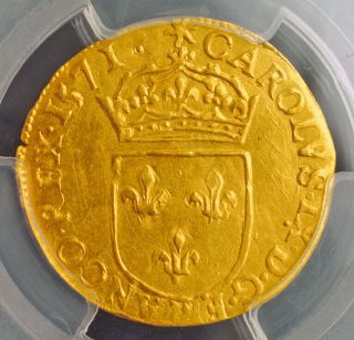 1571,  Royal France,  Charles Ix.  Huguenot Gold Ecu Coin.  La Rochelle Pcgs Au - 58