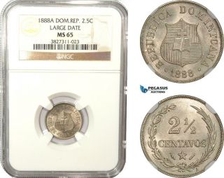 Ad948,  Dominican Republic,  2 1/2 Centavos 1888 - A,  Paris,  Large Date,  Ngc Ms65