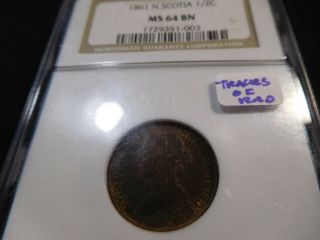 A4 Canada Nova Scotia 1861 1/2 Cent Ngc Ms - 64 Brown Traces Of Red Scuffed Holder