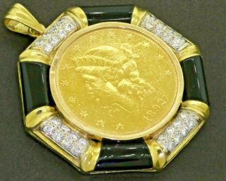 Heavy 22k Gold $20 Double - Eagle Liberty Coin 2.  0ct Diamond & Onyx In 18k Pendant