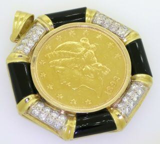 Heavy 22K gold $20 Double - Eagle Liberty coin 2.  0CT diamond & onyx in 18K pendant 2