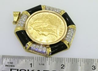 Heavy 22K gold $20 Double - Eagle Liberty coin 2.  0CT diamond & onyx in 18K pendant 3