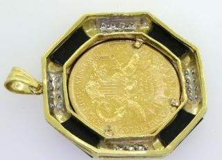 Heavy 22K gold $20 Double - Eagle Liberty coin 2.  0CT diamond & onyx in 18K pendant 4