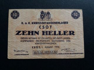 Pow Camp Banknote Austria / Hungary CsÓt 10 Heller / Fillér 1916.  Rare Type.